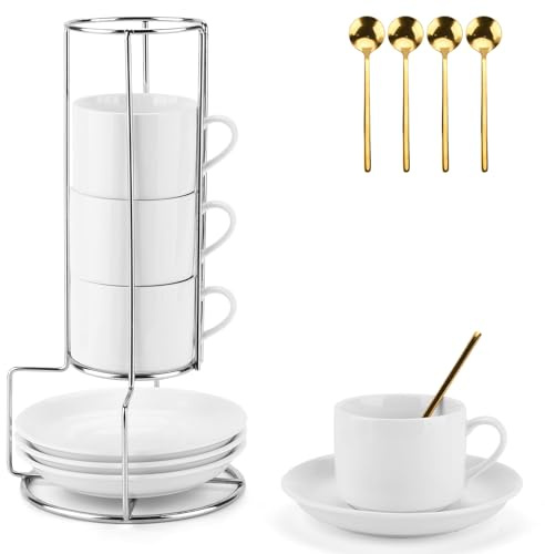 JOTOL Juego de 4 Tazas de Cafe, 4 x 5oz(160ml) Tazas de Espresso con Platillo y Soporte Metálico, Ideal para Espresso, Capuchino, Latte, Moka y Té(con 4 Cuchara de Café)