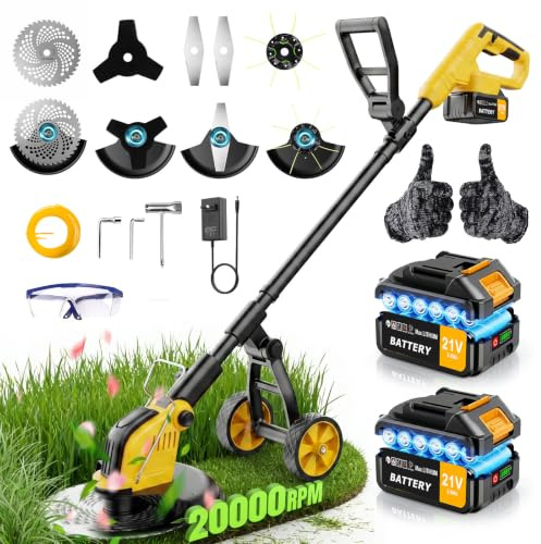 Desbrozadora eléctrica inalámbrica,30CM Desbrozadora con Ruedas,2 * 3.0 Ah Baterías y Cargador,Motor sin Escobillas 800W,Cortadora de Césped con 4 Tipos de Cuchillas para Recortar Césped y Arbustos