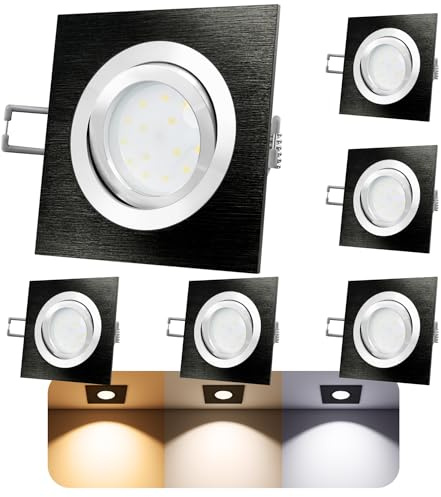 SSC-LUXon QF-2 LED Einbaustrahler 6x eckig schwarz dimmbar 3 Lichtfarben | Dimmbare Deckenspots im 6er Set eckig schwarz für Wohn- & Essbereich - warmweiß, neutralweiß & kaltweiß, 6W, nur 30mm tief