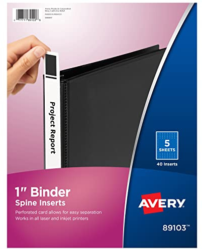 Avery Binder Spine Inserts, for 1 Inch Ring Binders Containing 1.4 Spine Width, 40 Cardstock Inserts (89103)