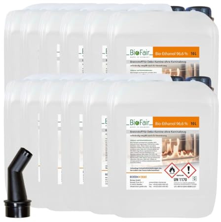 BioFair Bioethanol - Reiner Brennstoff - Bioethanol für Bioethanolkamin, Ethanol Tischkamin, Wandkamin Indoor - 12 x 10 Liter