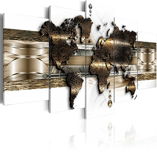 B&D XXL - Weltkarte Bilder für Wohnzimmer 225x112 cm 5 tlg Modern Leinwandbild Groß Wandbilder auf Leinwand XXL Schlafzimmer Wanddekoration Abstrakte Landkarte - Kontinente World Map k-A-0022-b-n