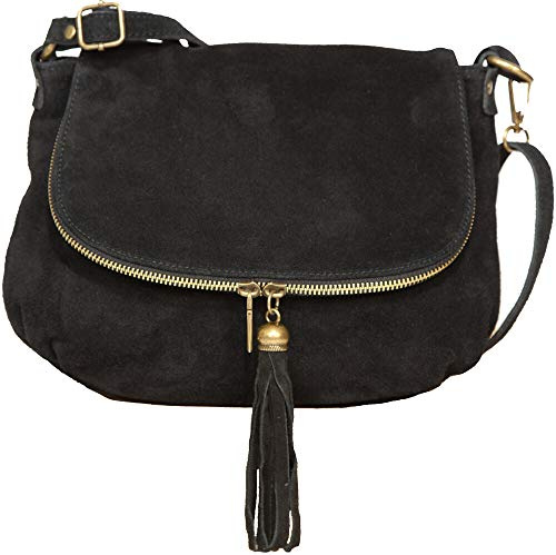 LucieElle - Bolso de Piel para Mujer 'Lydia', Bandolera de Gamuza Italiana, Negro
