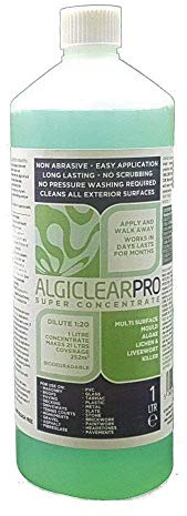 Algiclear Pro Concentrate - Green Algae, Liverwort & Mould Remover for Large Outdoor Spaces – Cleans & Brightens Fences, Roof Tiles, Solar Panels, Concrete, Tarmac & Bricks up to 252 m² - 1 Litre
