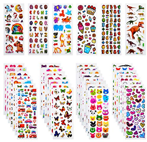 Habett 3D Aufkleber für Kinder & Kleinkinder, 920+ Geschwollen Stickers, Niedliche Verschiedene Set Buchstab en, Tier, Obst, Zahlen, Schmetterlinge, Einhorn, Dinosaurier und vieles mehr (36 Bogen)