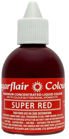 Sugarflair Liquid Colour Lebensmittelfarbe Flüssig, Super Red, 60 ml | Leistungsstarker flüssiger Farbstoff, Hochkonzentrierte Lebensmittel Farbe zum Färben von Fondant, Glasur, Teig und Cremes