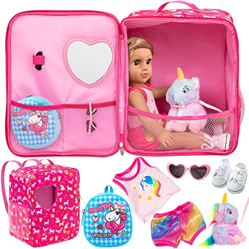 K.T.Fancy 7 PCS 18 inch Dolls Bag Carrier Set and Accessories Including Clothes, Shoes, Sunglasses, Doll Backpack and Toy Unicorn (NO Doll)