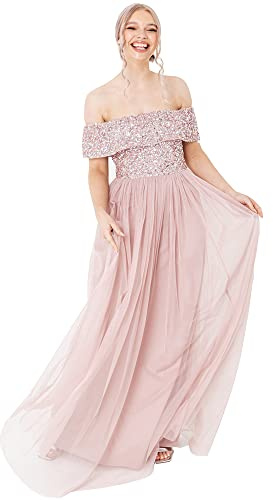 Maya Deluxe Abito da Donna Bardot Maxi Scollo Alto Impero in Tulle Senza Maniche per Matrimoni, Ospiti di Ballo di fine Anno Vestito per Damigella d’Onore, Rosa Satinato, 34
