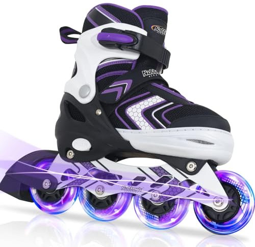 Nattork Inliner für Kinder Verstellbare Inline Skates, 4 Größen Mädchen Inline Roller Skates mit Beleuchteten, Kinder Inliner Mädchen Rollschuhe für Anfänger (Violett, 32-36 EU / 205-230 MM)