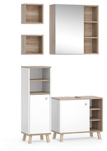 Vicco Badmöbel-Set Weiß Senyo, bestehend aus Bad Spiegelschrank, Waschbeckenunterschrank, Midischrank, Badregal - Zeitloses Design passend zu jedem Einrichtungsstil