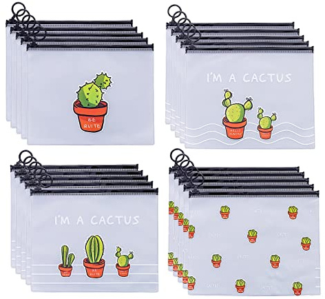 20 Stück Dokumententasche 21 x 17 cm, Kunststoff Datei Taschen mit Reißverschluss, A6, B6, Wasserdicht, Gefrostet, für Schreibwaren, Dokumente, Kosmetika (Kaktus, 4 Arten)