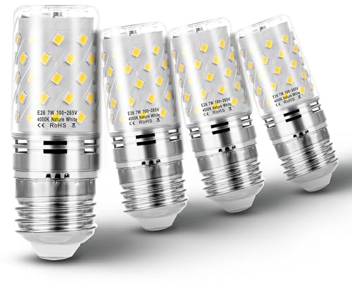 Heifymi E26 60 watt Replacement Led Candelabra Bulbs, E26 7W Led Candle Light Bulbs 750lm, 4000k Natural White E26 Base Chandelier Pendant Bulbs, Non-Dimmable, 4Pack