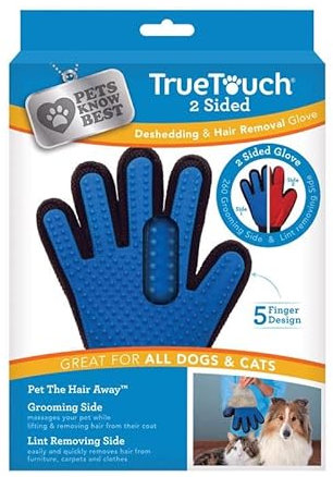 True Touch Five Finger Deshedding Glove- Premium Version, Gentle Grooming Glove Great Cats & Dogs with Long or Short Fur- Includes 1 Authentic Right-Hand Glove & 1 Lint Roller