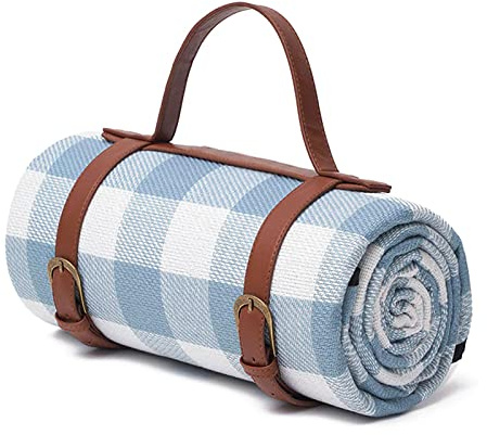 MOWEO Blau und weiß Karierte Picknickdecke,Faltbare wasserdichte Strand Fleece Matte, mit Tragegriff Leichte Picknickdecke,für Camping BBQ Outdoor Indoor