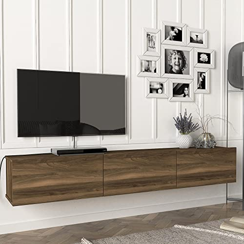 [en.casa] Mobile TV da Parete con 3 Ante a Ribalta Mensola Porta TV 180 x 31 x 29,5 cm Armadietto Pensile - Effetto Noce