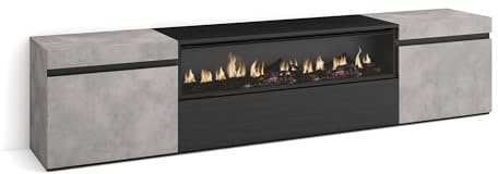 Skraut Home | Mueble TV | Televisión | Muebles de salón, almacenaje | 200x45x35cm | para TV hasta 80 | Chimenea eléctrica | Estilo Moderno | Cemento