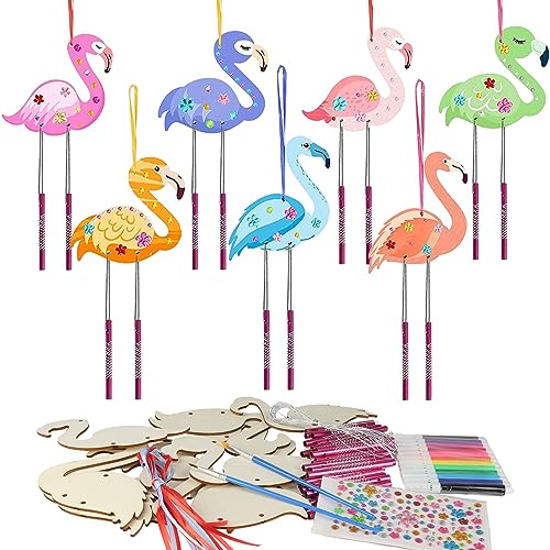 Juego de manualidades para niños, 12 carillones de viento de madera con forma de flamenco con 12 lápices de acuarela de colores, carillones de viento, manualidades, juego de manualidades para niños,