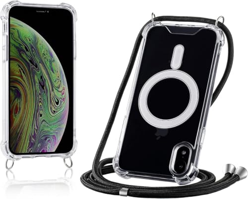 JProtect für iPhone XR Hülle mit Band und MagSafe – Magnetische Handykette für iPhone XR Magnet – Durchsichtige Umhängehülle Band Schwarz – Kette Handyhülle für MagSafe Zubehör