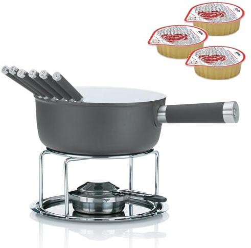 kela Käsefondue-Set Lancy, 10-teilig, Ø 21cm, 2 L, Aluguss, Beschichteter Topf mit Edelstahlgriff, Brenner, Rechaud, 6 Fonduegabeln, 16564, 6 Brennpasten Magma, je 80 g, Ethanol, 390010