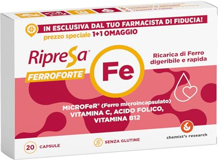CHEMIST’S RESEARCH RIPRESA FERROFORTE | Colma la Carenza di Ferro e Riduce la Stanchezza e Fatica | 20 Capsule Senza Glutine (1)