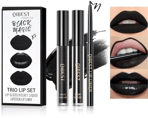 Baorder 3 pièces crayon à lèvres noir mat et rouge à lèvres liquide ensemble, brillant à lèvres mat longue durée + crayon à lèvres brillant, ensemble de brillant à lèvres maquillage d’Halloween