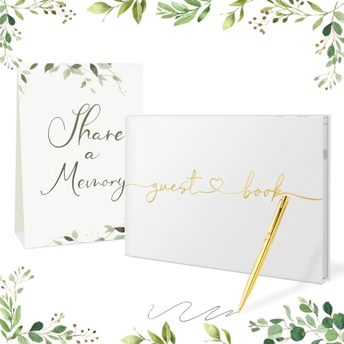 WEMATE Wedding Guest Book,Guest Sign in Book with Gold Pen,Guest Book for Wedding Reception,Baby Shower, Birthdays, Special Events White