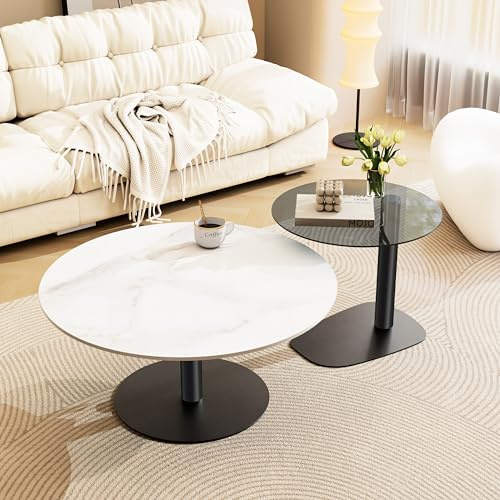FATIVO Wohnzimmertisch 2er Set Rund, Marmor Couchtisch Satztisch Schwarz Weiß Glas Beistelltisch - Modern Sofatisch für Wohnzimmer - Groß: 80×80×38.5 cm Klein: 50×50×45 cm