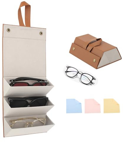 JRJRN Faltbare Brillenablage, 3 Schlitze PU Leder Faltbare Sonnenbrillenbox Brillenbox, 3 Stück Superweiches Reinigungstuch, Sonnenbrillen Organizer Etui für Damen Herren