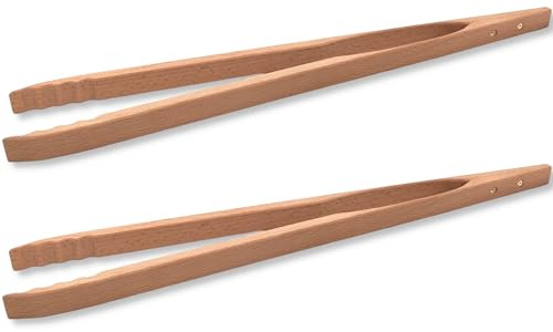 Grillzange Holz 48 cm 2er Set Profi BBQ Zange Buchenholz Küchenzange Grill