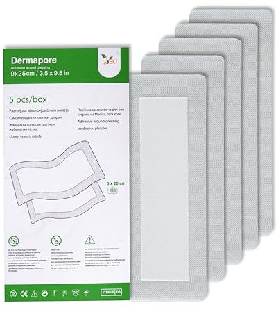 Apósito adhesivo para heridas VED Dermapore: adecuado para cortes y rozaduras, úlceras venosas en las piernas y pequeñas úlceras por presión, mediano, (9 x 25cm (Pack of 5))