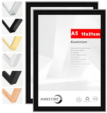 HIMEETIME® 2x Cornice A5 da 15x21 cm in metallo nero e alluminio, adatta per documenti 14,8x21 cm, grande collage, quadri A5 e foto.