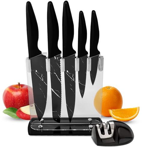 Sharpze Kitchen Knife Set with Block & Sharpener | 7-Piece Knife Block Set – Carbon Steel Kitchen Knives for Cooking