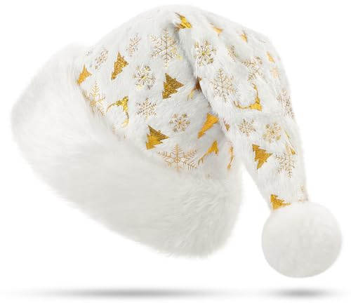 KONVINIT Weiße Weihnachtsmütze für Erwachsene, große Weihnachtsmütze aus Plüsch mit Pailletten, Plüsch-Weihnachtsmannmütze für Weihnachtsfeier oder Kostüm