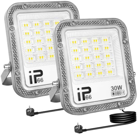 AUXTINGS 2 Pcs 30W Focos LED Exterior con Enchufe, IP66 Impermeable Foco Proyector LED 6000K Blanco Frío Floodlight 3000lm Iluminación de Seguridad para Casa, Garaje, Patio, Terraza, Campo