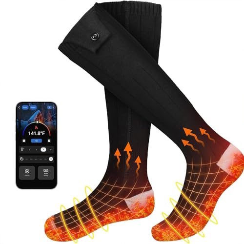Beheizte Socken für Männer Frauen, App-Steuerung, 2 * 5000mAh wiederaufladbare Batterie, 4 Temperatur, bis zu 65°C, Winter Fußwärmer für Camping, Wandern, Radfahren, Skifahren, Indoor- und