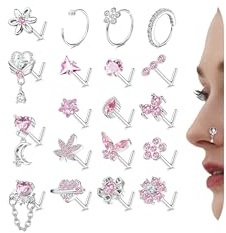MILACOLATO 20G Nose Rings Set L Shaped Nose Stud Piercing Jewellery for Women Hypoallergenic Stainless Steel Nose Stud Screws with Cubic Zirconia