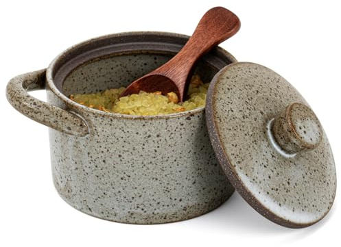 Honeydak Speckled Ceramic Salt Cellar with Lid and Wooden Spoon, Rustic Farmhouse Salt Pepper Cellar Holder for Valentines Day,Housewarming Gift, Heavyweight Spices Jar(Light Gray,1 Set)