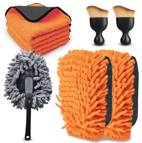 8 Pcs Car Washing Cleaning Kit, 2 Car Wash Mitt 3 Cars Cleaning Cloths 2 Interior Cleanings Extra Soft Dusting Brushes 1 Clean Brush, Household Detailing Brush Set for Clean Cars, Drying, Detailing