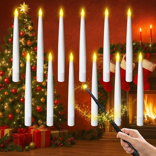 Jubilin Lot de 12 Bougies flottantes pour Noël avec Baguette Magique et télécommande, Bougie LED sans Flamme pour décoration intérieure et extérieure, Mariage, fête