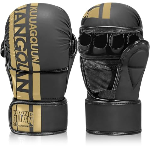 KUANG QUAN Guanti da MMA, con palmo aperto, per sparring, arti marziali, uomini e donne, sport di combattimento, MMA, boxe, Muay Thai, kickboxing (nero/oro, M)