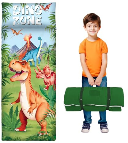 Sacco a Pelo per Bambini con Cuscino e Doppia Cerniera, 150x60 cm Nap Mat per Bambini, Ideale per Casa, Asilo, Scuola Materna e Campeggio, Dinosauro
