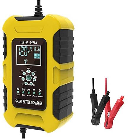 Chargeur De Batterie Automatique À 7 Étages 12V 10A 24V 5A Chargeur De Voiture for Camion Moto Lithium LiFePO4 Affichage LCD Au Plomb(Yellow)