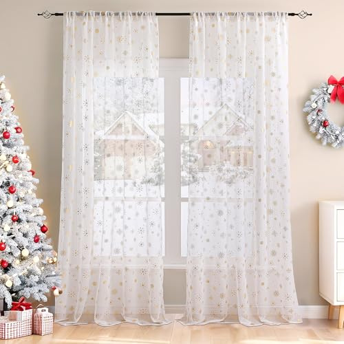 Wokuaile Weiß Weihnachts Vorhang Transparent mit Kräuselband 2er Set Weihnachtsgardinen mit Goldernem Muster Voile Gardinen Vorhänge Wohnzimmer, H220 x B140 cm