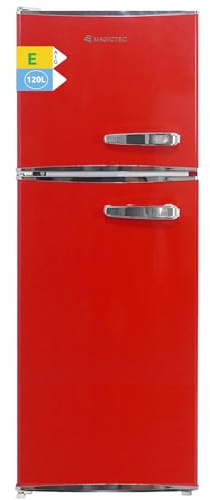 magictec Retro Kühlschrank mit Gefrierfach | 120L(88L/32L) | Low Frost | Kühl Gefrier Kombination | Vintage Design | LED Beleuchtung | Rot | Nach links öffnende Tür