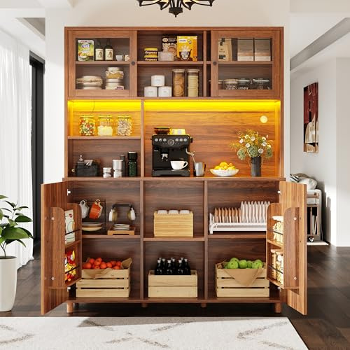 Ligterra Hochschrank, Buffetschrank, Küchenschrank, Standvitrine mit Schubladen, MDF-Schranktüren, mit LED-Beleuchtung & Snackablage, für Küchen Wohnzimmer Bar, 140×40×185cm (Walnussbraun)