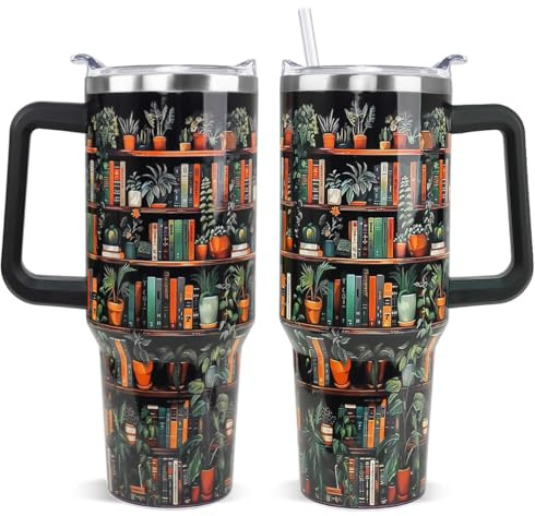 Rcvlauf Plant Lover Gifts Bookshelf Tumbler with Handle & Straw Book Lovers Coffee Travel Mugs 40 oz Insulated Cup Gifts for Gardeners,Plantaholic,Plant Lady Readers,Bookish