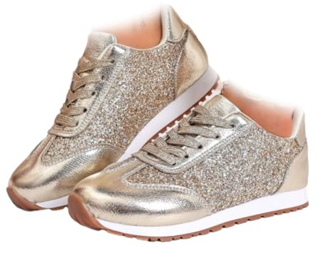 Baskets orthopédiques luxueuses pour femme - Baskets à paillettes pour femme - Baskets scintillantes pour la marche et le tennis, doré, 10 UK Wide