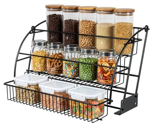 SUNNYNEST Spice Rack Organizer Premium Adjustable Pull-Out Steel No Installation Needed Counter Cabinet Step Storage with Protective Railing Space-Saving Kitchen Pantry Cupboard Spice Holder