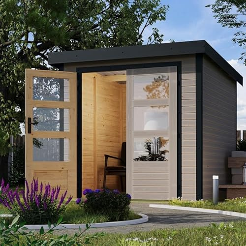 Karibu Jupiter | Abri de Jardin Hybride Bois-Métal 4,45m² | Épicéa Nordique Peint Gris Clair & Acier Anthracite | Toit Trapézoïdal, Double Porte Vitrée, Serrure à Cylindre