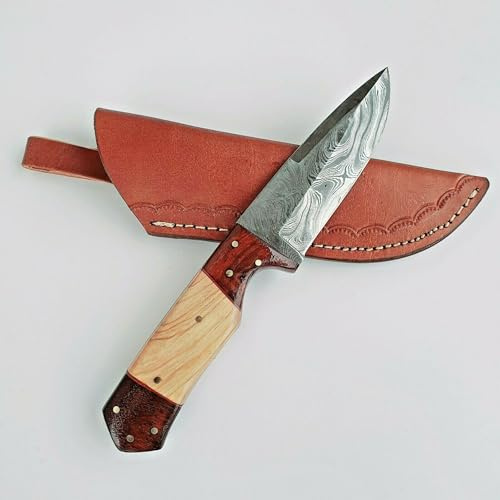 CRAFTOMATIK Damast Stahl Messer | Original Robuste Damaststahlklinge | Griff aus Olivenholz und Rosenholz | Handmade Outdoor Sammlermesser | DHK69
